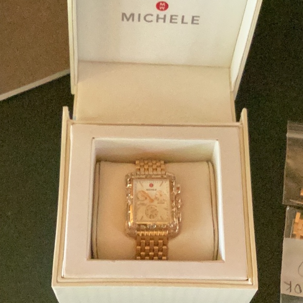 Michele Gold Bracelet Watch with Crystal Details